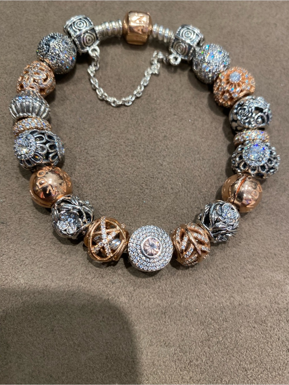 Pandora Rose Gold & Silver Crystal Charm Bracelet and 2 bangles